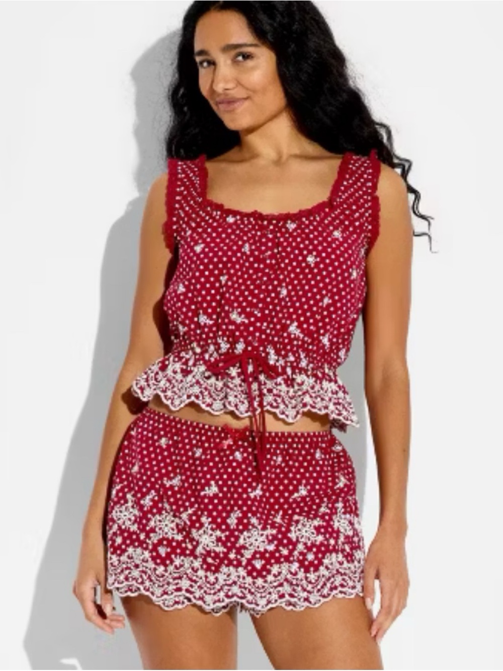 NWT Women's Eyelet Button-Front Tank Top Red/White Floral Sz L Coquette y2k